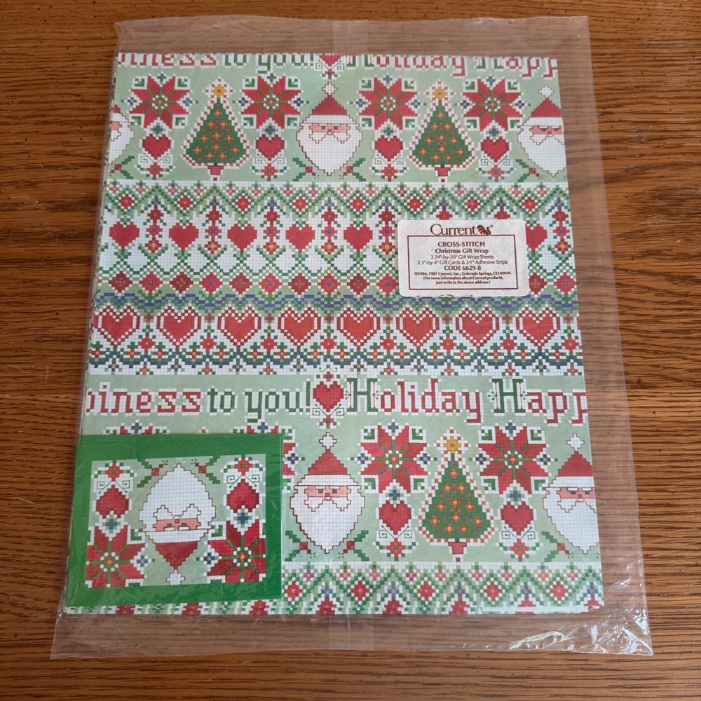 Vintage 1987 Current Cross-Stitch‎ Christmas Gift Wrap Sheets Santa
